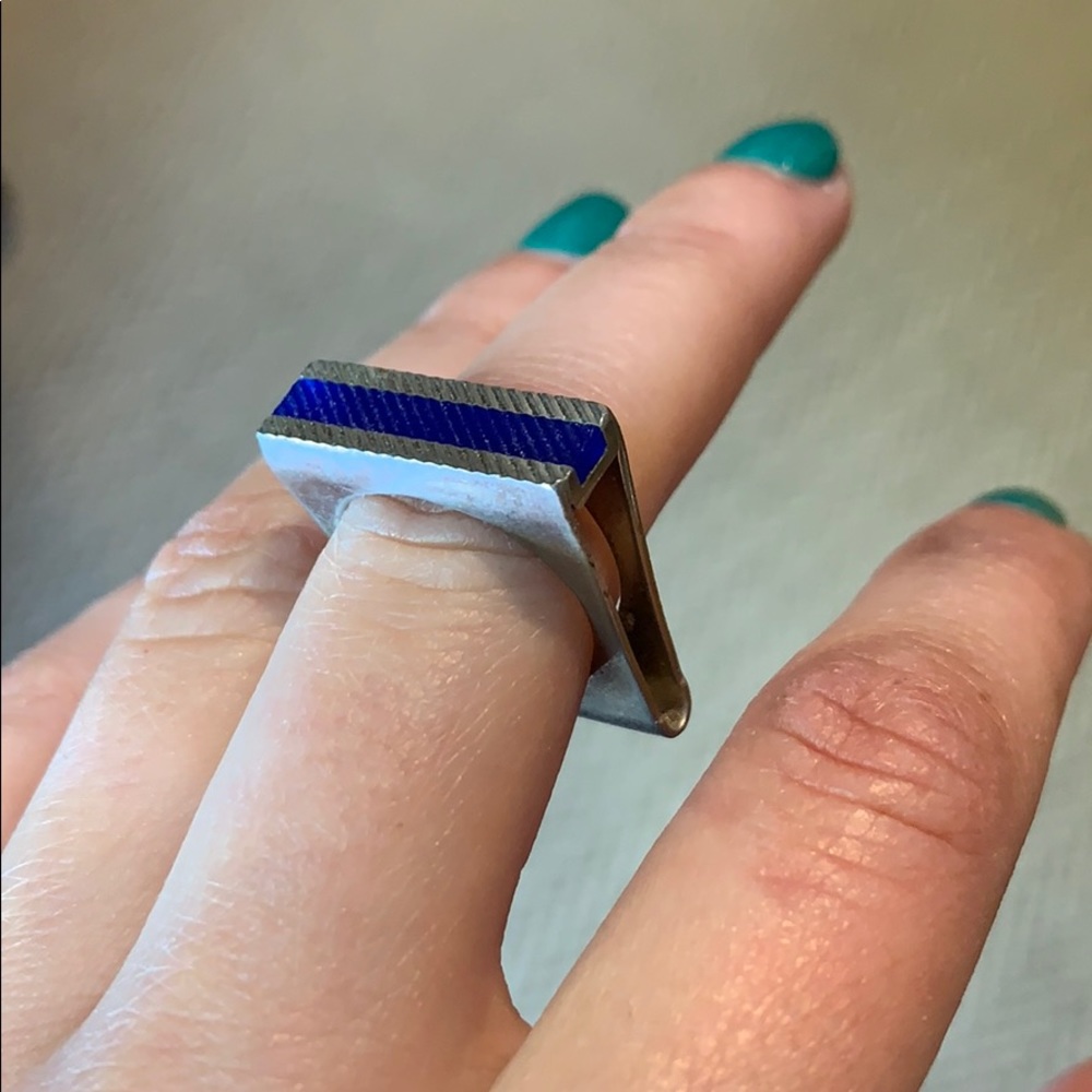 Blue and silver geometric ring